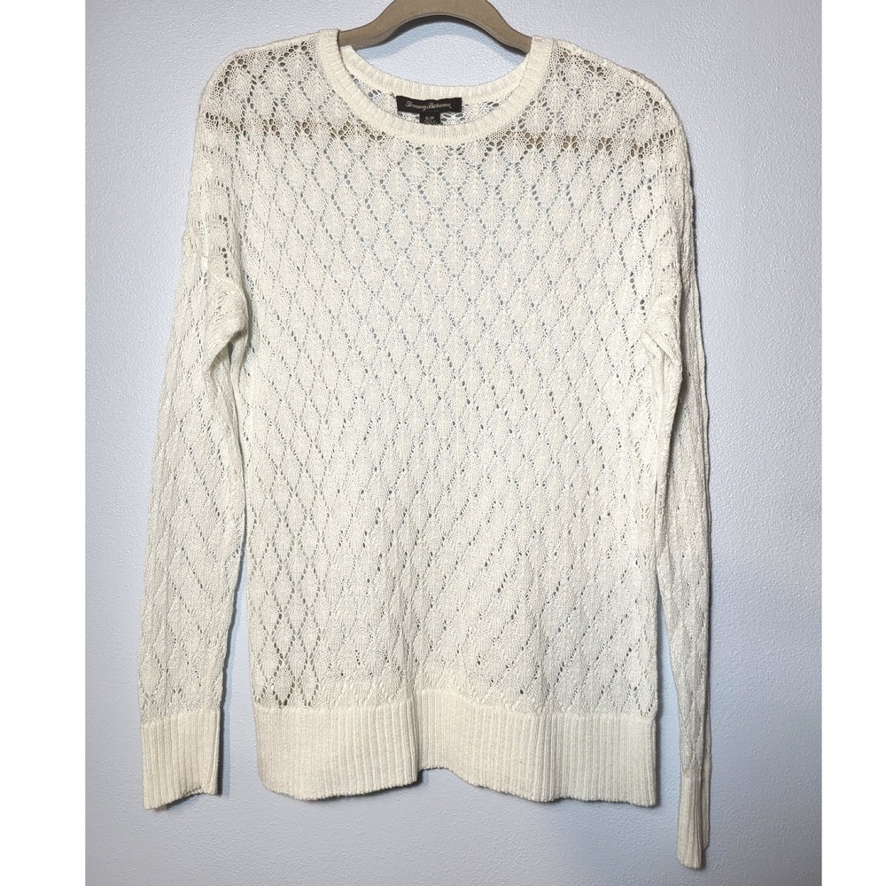 Tommy Bahama‎ Womens White Linen Cotton Leaf Pointelle Sweater Small Coastal